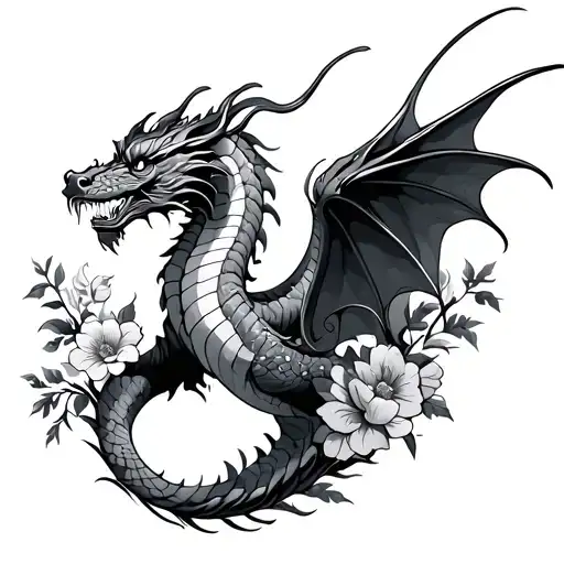 Flying Dragon With Flowers Intertwined