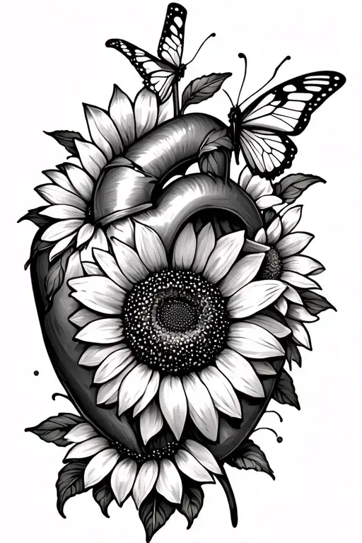 Heart And Sunflower And Butterflies