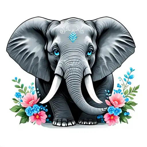 Elephant With Blue Eyes And Blue And Pink Flowers