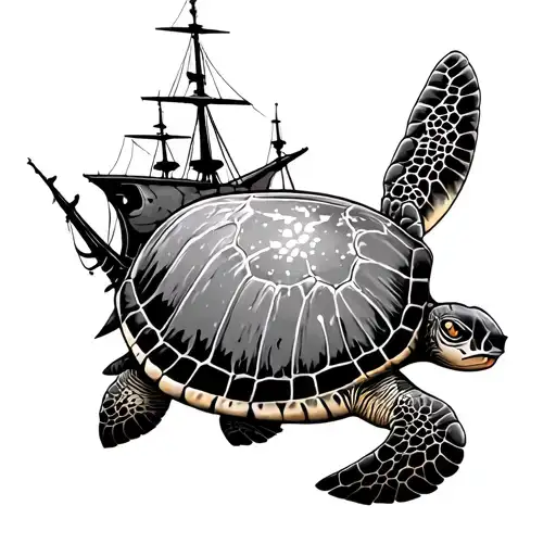 Ship Wreck And Sea Turtle Swimming