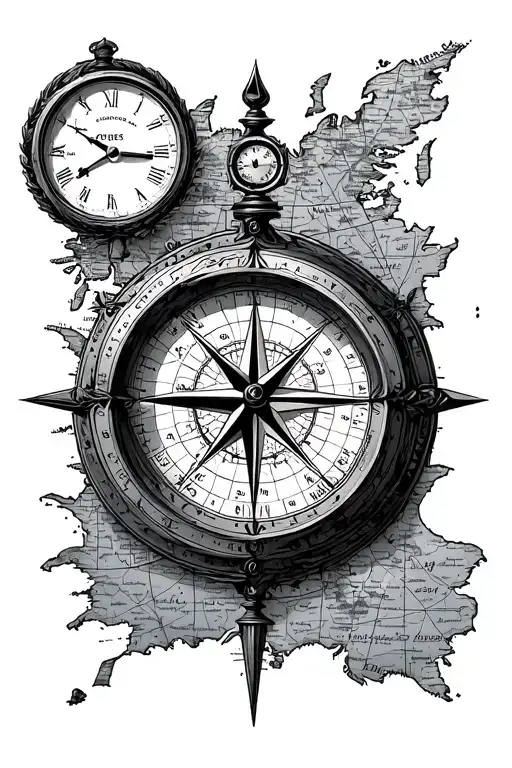Cartographic Map With Clock And Compass