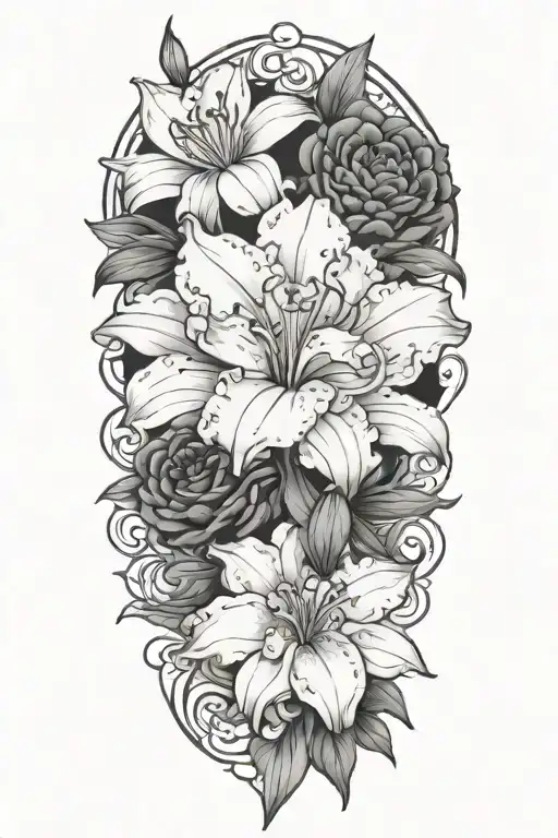 Floral Sleeve Tattoo Design Featuring Carnation And Lily