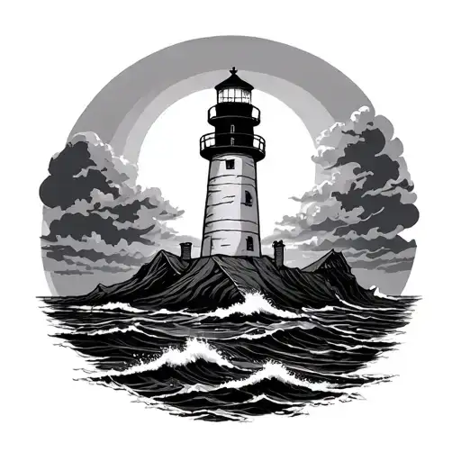 Light House Witb Storm And Then Sun Shining