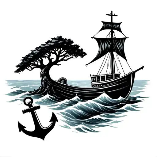 Tree And Boat Anchor With Waves