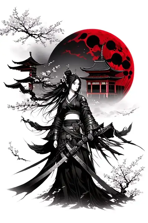Japan Female Warrior Cherry Blossom Trees With Temple And Blood Moon
