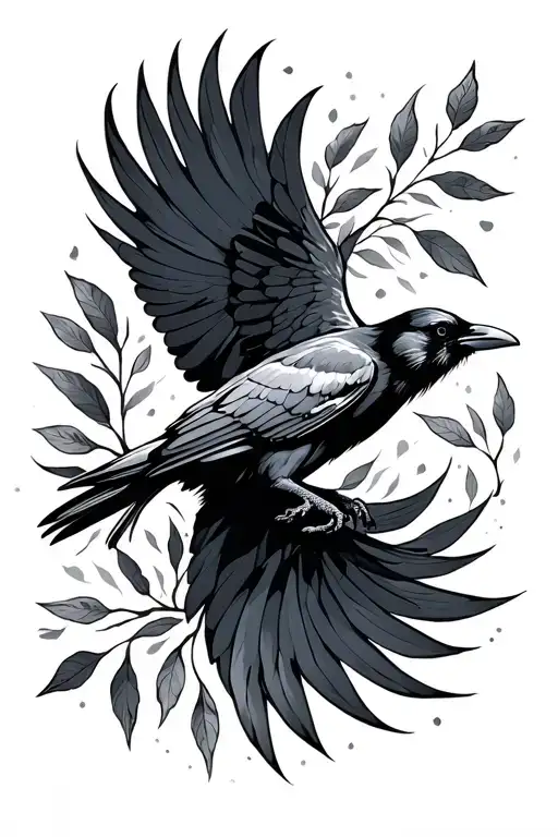 Crow Flying With Leafs Spreading