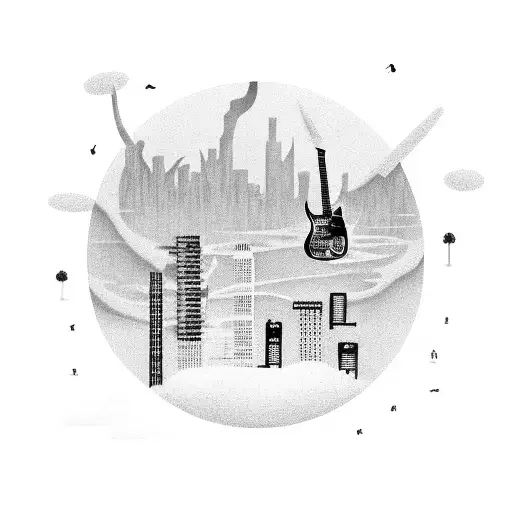 Guitar With The Stings As A City And The Base As A Sunset With Trees Along With Water