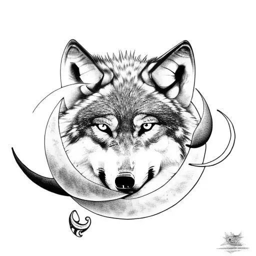 Wolf With Crescent Moon With Larkspur And Waterlily