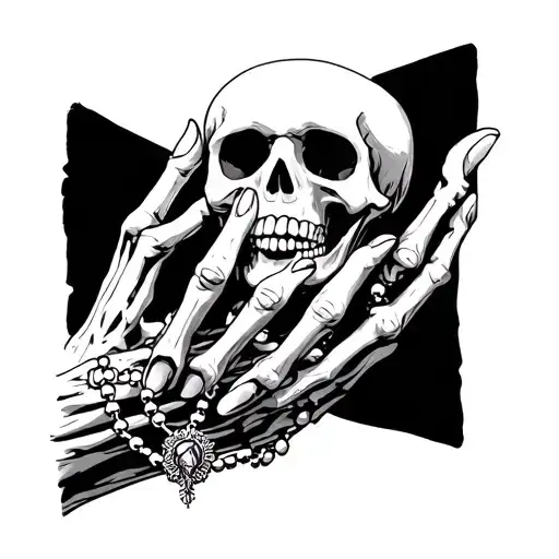 Skeleton On Fingers With Rosary Tied Around Wrist