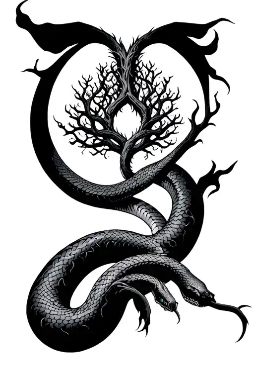 Yggdrasil In A Closed Circle And A Snake Passing Through It