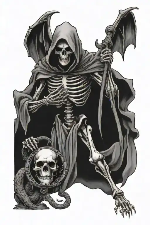 Skeleton Reaper Holding Scales Wrapped By A Dragon