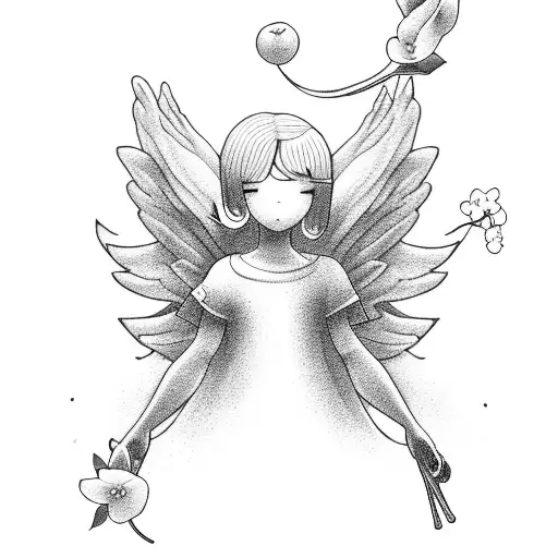 A Minimalist Black And Grey Tattoo Of A Guardian Angel Surrounded By Cherry Blossoms