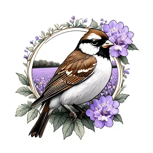 Sparrow With Lilac Floral Frame And Fields In Background