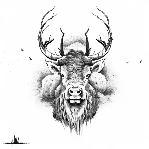 Ancient Dead Tree Longhair Highland Bull Desolate Background