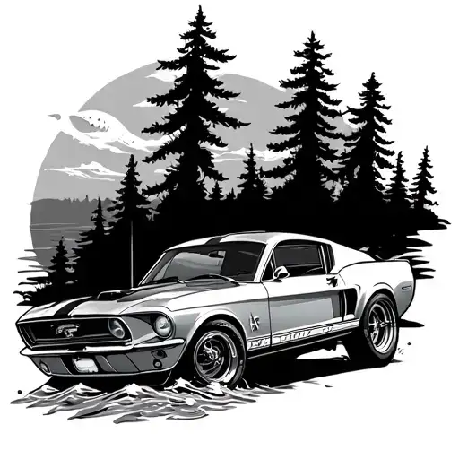 Sleeve Tattoo Design Featuring A 1967 Mustang Driving With Salt Water Fish And Pine Trees