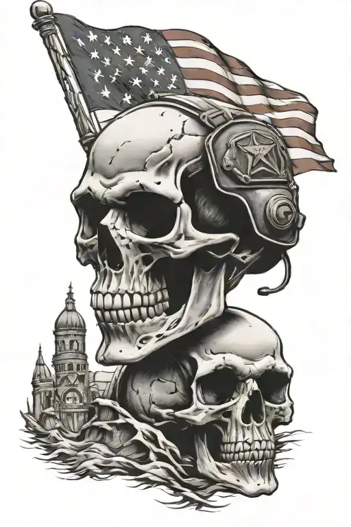 Skull With Army Helmet Surrounded By Mountains And American Flag