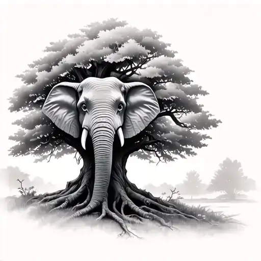 Large Tree With Elephant Eyes And Ears In Trunk Of Tree