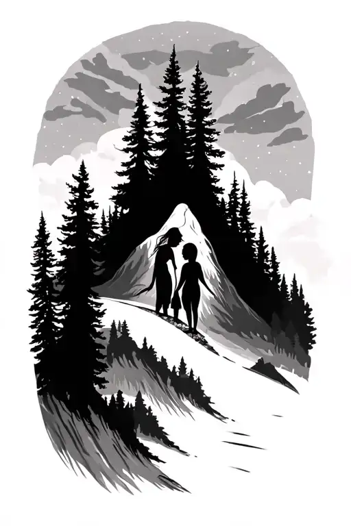 Two Daughters And Mother Forest And Mountains