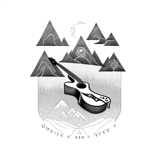 Guitar With The Stings As A City And The Base As A Sunset With Trees Along With Water