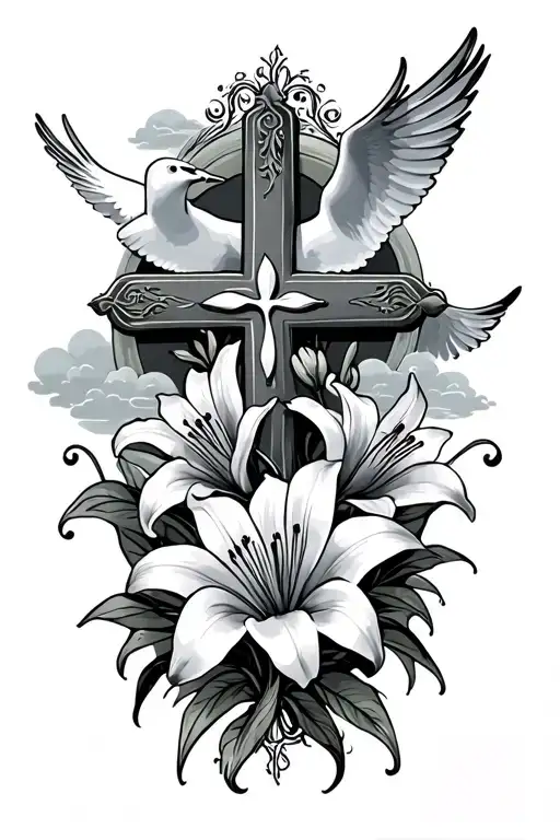Cross With Lily Flowers With Clouds And Doves Surrounding