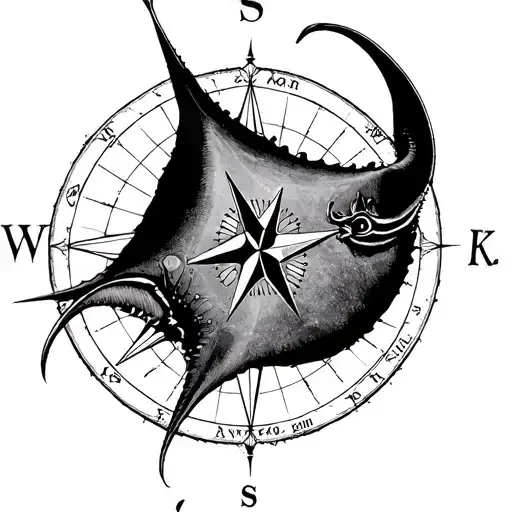 Old Map Style Compass Rose With Manta Ray As The Needle Of The Compass