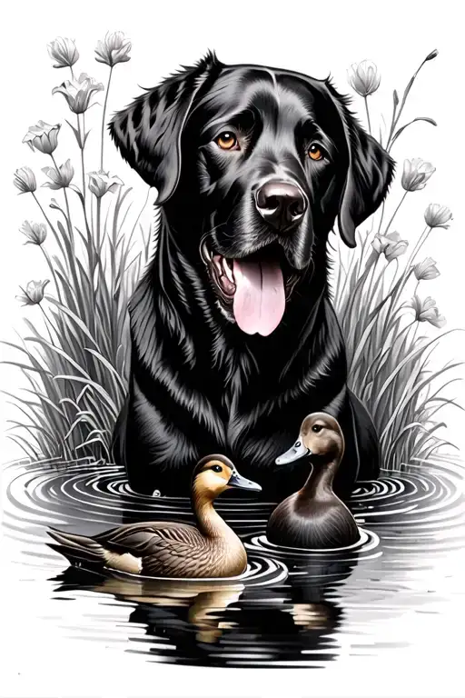 Black Lab With Ducks And Tullies In A Pond