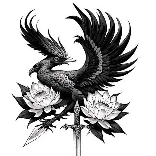 Fine Lined Rising Phoenix From Lotus Flowers With Standing Sword In The Middle