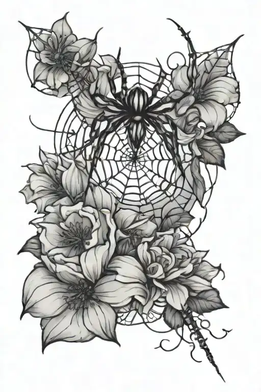 Flowers And Spider Coming Down From Web