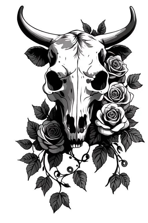 Cow Skull Outline With Roses And Vines Running Down It