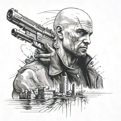 A Detailed Portrait Of A Hitman With A Hidden Outdoor Scene In The Background