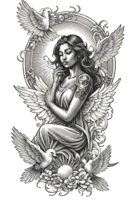 Angel Looking Down With Filipino Sun In Background And Doves In The Sky