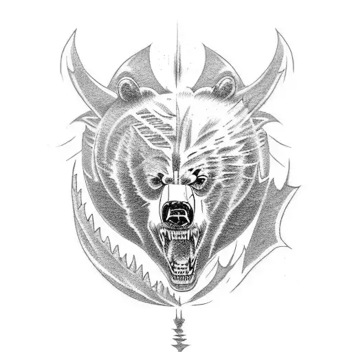 Design A Tattoo Showcasing A Fierce Wrestling Match Between A Bear And A Dragon