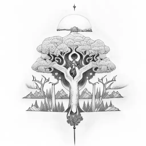 A Tattoo Design Of A Tree With Greek Influence And Athena's Owl