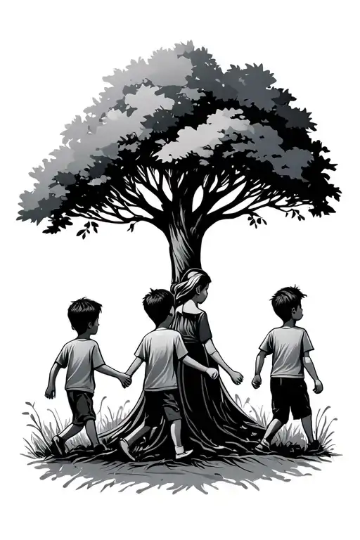 3 Boys Walking With There Mom By A Tree Growing