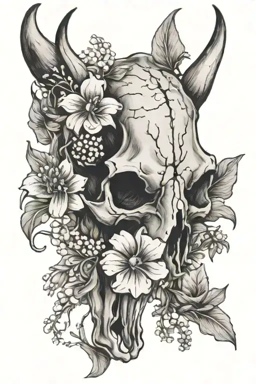 Bull Skull With Lily Of The Valley & Poppy Flowers