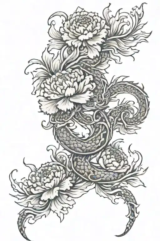 Carnation Flower With Japanese Dragon Around