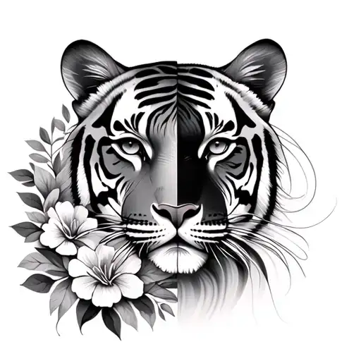 Floral Half Tiger Half Women Face