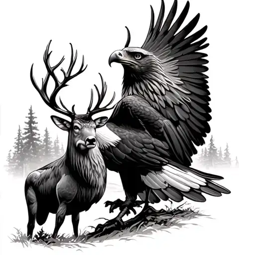 Bald Eagle Fighting A Buck Standing In Woods