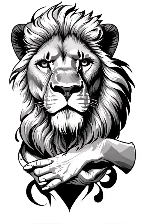 Human Face And Lion Head Tattoo Holding