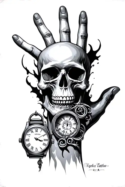 Skull Hand Outlined On My Hand With A Time Piece Also