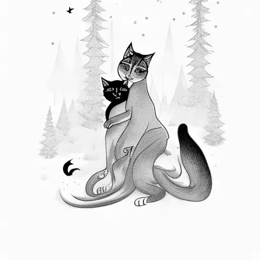 A Beautiful Girl Surrounded By Black Cats In A Moonlit Forest