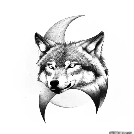 Wolf Silhouette With A Crescent Moon In Black And Grey