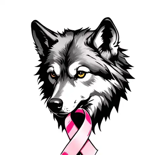 Wolf Head Wearing Cancer Ribbon Intertwined