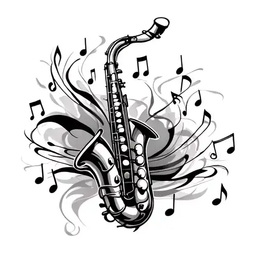 Saxophone Surrounded By Music Notes Flowing Tattoo