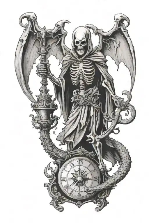 Skeleton Reaper Holding Scales With A Dragon