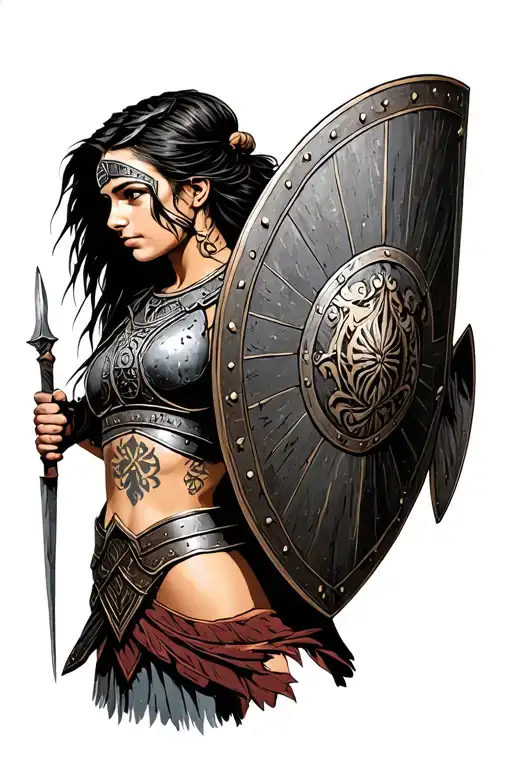 A Female Roman Gladiator With A Shield Adorned