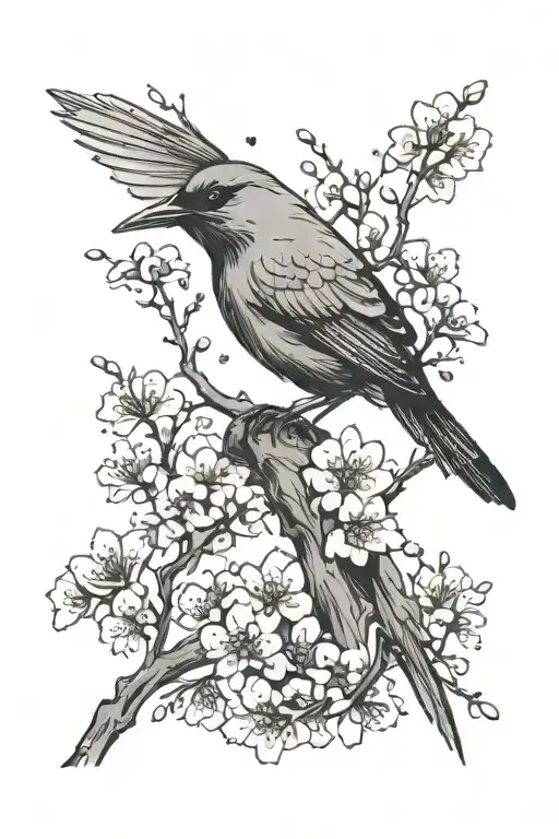 Bird Silhouette With Cherry Blossoms Falling