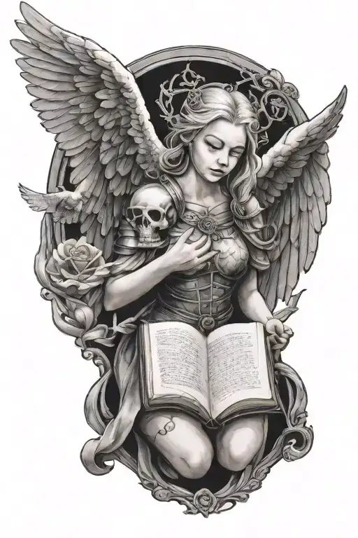 Guard Angel With A Girl Holding Open Book Surrounded