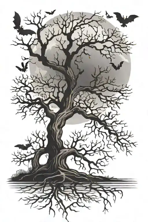 Withered Tree With Roots Sprouting At The Bottom And Bats Going Up The Tree And The Moon Behind It