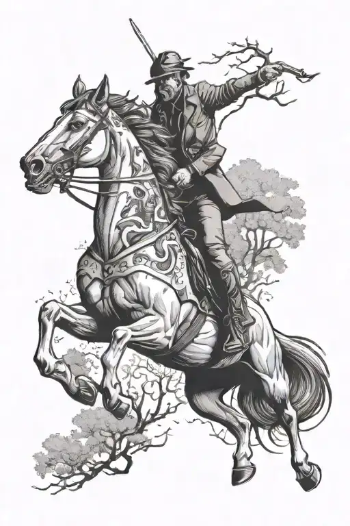 Horse With Skull Riding On It In A Forest Trees Looking